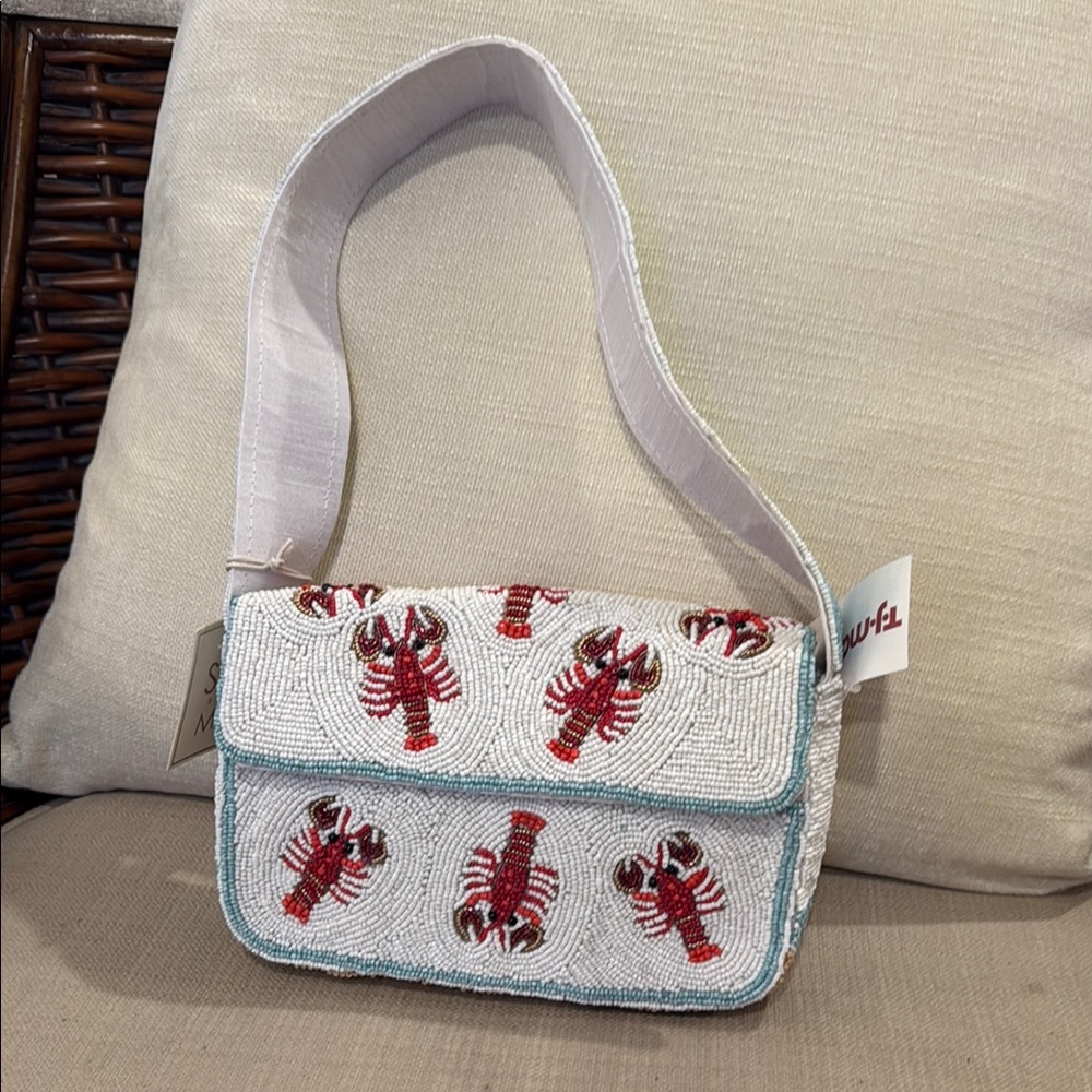 White and Red Beaded Lobster Bag